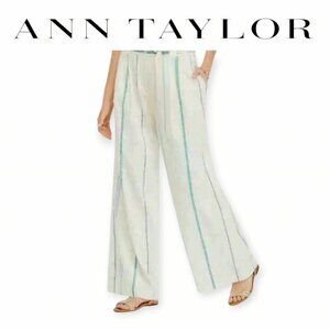 Ann Taylor Cream Blue Green Striped Wide-Leg Linen-Blend Pants Size 12